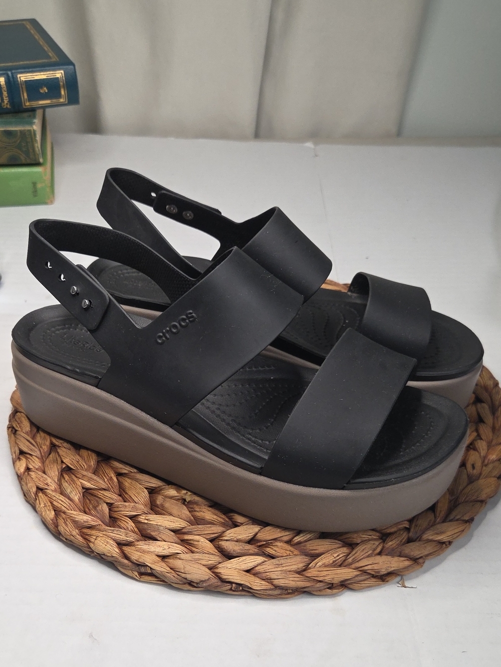 CROCS Black Platform Sandals with Taupe Platform